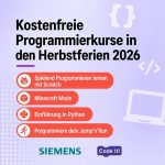 Herbstferien mit Code it!: Übersicht der angebotenen Programmierkurse für Kinder und Jugendliche, mit den Logos von Siemens und Code it!